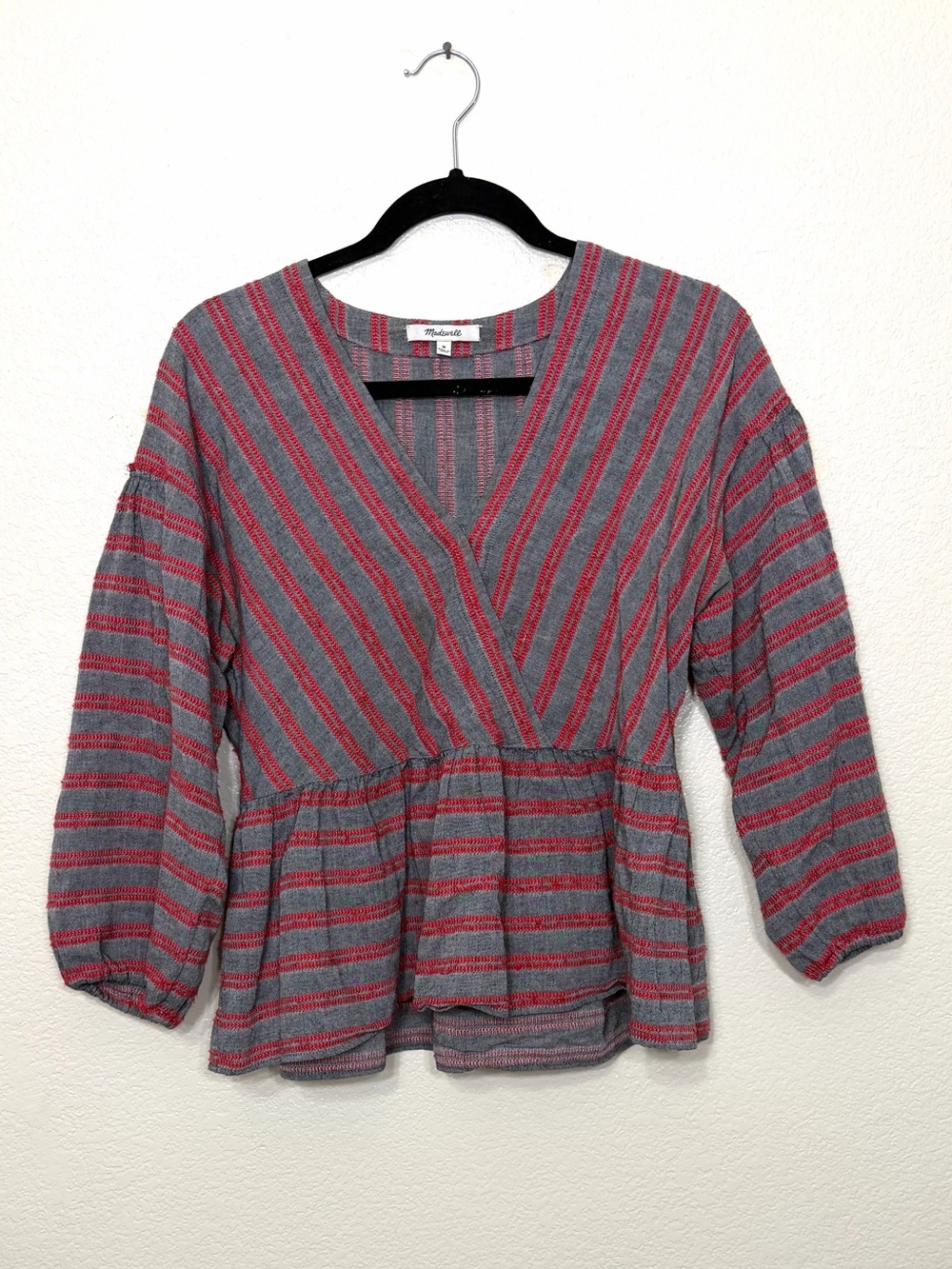 Madewell Striped Bubble-Sleeve Peplum Top Gray and Red Size M